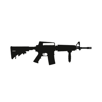 Black silhouette of an M4 carbine assault rifle with vertical foregrip, telescopic stock, and carrying handle, isolated on a plain white background, side view vector illustration.