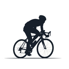 Fototapeta premium Black silhouette of a professional road cyclist in an aerodynamic riding position on a racing bicycle with drop handlebars and helmet, isolated against a white background.