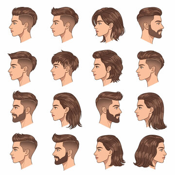 Vector illustration of sixteen diverse haircut and hairstyle options for men and women in profile view including fades, undercuts, quiffs, bobs, and layered brown hair styles.