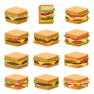 Set of twelve vector illustrations featuring various sandwiches with square toasted bread, beef patties, melted cheese, lettuce, tomatoes, and red onion on a white background.
