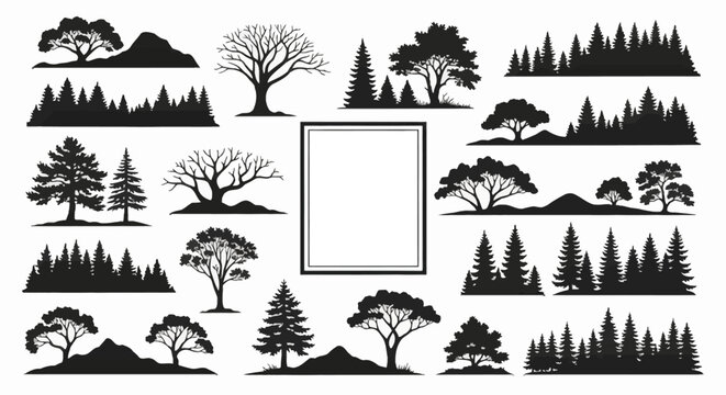 Collection of black tree silhouettes including pine, spruce, leafless branches, forest treelines, and mountain landscapes arranged around a central blank white rectangular frame.