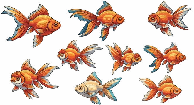Collection of eight goldfish vector illustrations including Oranda and Fantail varieties with orange scales and flowing fins isolated on a white background for design.