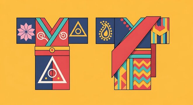 Colorful, geometric illustrations of two stylized, kimono-like garments against a yellow backdrop