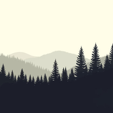Minimalist silhouette of a dense pine forest treeline with layered mountain ranges in the background. Monochromatic landscape illustration of coniferous trees and rolling hills in fog.