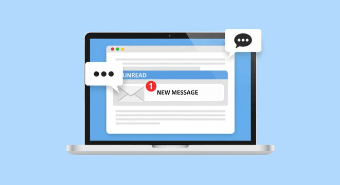 Laptop computer with a new message notification window, red number one alert, unread email icon, and speech bubbles on a light blue background for digital correspondence.