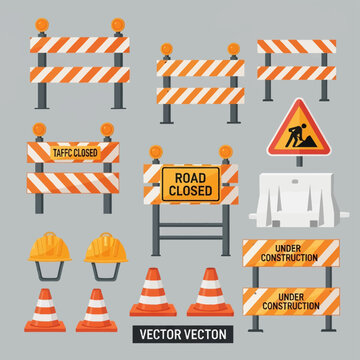 Vector set of road construction safety equipment including orange and white striped traffic barriers, barricades with road closed signs, traffic cones, hard hats, and warning signs.