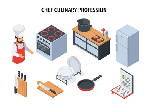 Culinary Profession A Collection of Chef Tools, Appliances, and Utensils Illustrated in Isometric Style