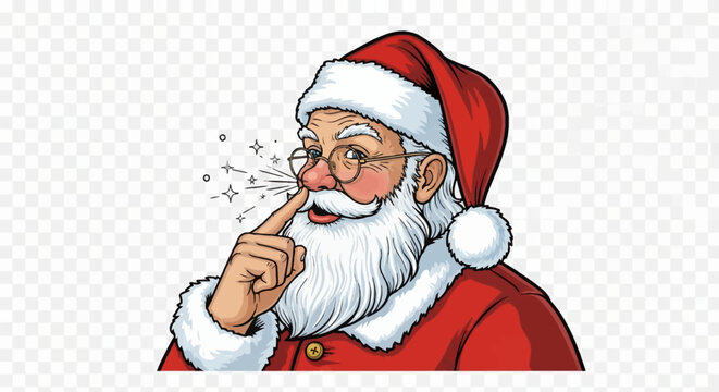 Comic book style vector illustration of Santa Claus wearing a red hat and glasses, laying a finger aside his nose in a knowing gesture, white beard, isolated on transparent background.
