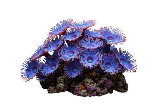 Vibrant colony of blue zoanthid polyps displaying radial tentacles, attached to colorful live rock on a transparent background
