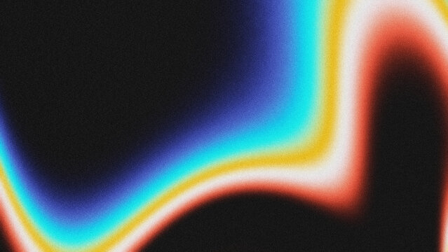 Abstract grainy background with fluid wave-shaped gradient blends of tangerine, amber, cyan blue, indigo blue, white, and black, featuring negative space, soft color transitions, and noisy granular.