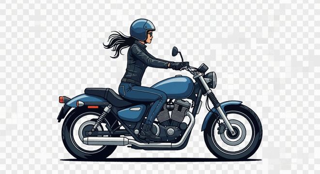 Illustration of a female biker with flowing hair riding a blue cruiser motorcycle, wearing a blue open-face helmet, black leather jacket, denim jeans, and boots, side view profile.