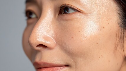 Fototapeta premium Close up side profile of a beautiful Asian woman with glowing, radiant skin and subtle freckles