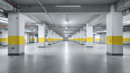 Naklejka premium Vast Underground Parking Garage Interior with Concrete Pillars and Yellow Stripe Markings