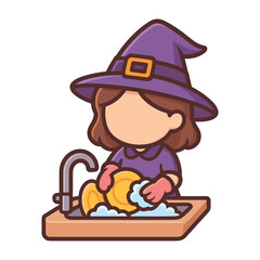 Obraz premium Witch washing dishes at kitchen sink flat vector