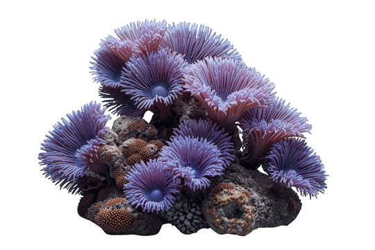 Purple sea anemones and colorful zoanthids growing on coral reef rocks, marine life with transparent background