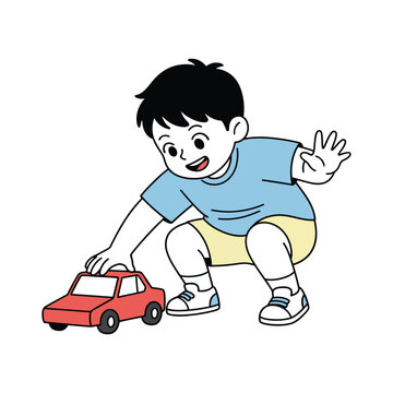 A young boy crouching down and pushing a red toy car, looking happy and focused on his play. Flat design pastel illustration.