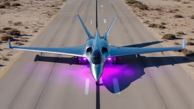 Futuristic blue jet aircraft taking off at night with vibrant purple runway lights