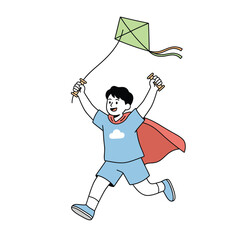 Fototapeta premium Happy young boy wearing a red cape and flying a green kite. Outdoor activity flat design pastel illustration.