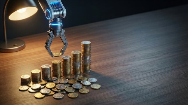 Futuristic robot surrounded by coins illustrating the impact of artificial intelligence on financial efficiency