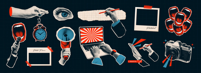 Pop art funky halftone collage elements set with hands, megaphone, camera, laptop, alarm clock, photo frames and paper scraps in retro pop art style. Education, business, office concept. © katyaskrn