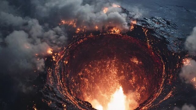 Erupting Volcanic Crater with Explosive Lava Activity
