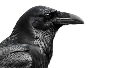 Obraz premium Close-up monochrome portrait of a raven with detailed feathers and sharp beak, facing right