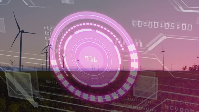 Sunset starting magenta HUD over windfarm, rings rotating, numbers updating monitoring turbines