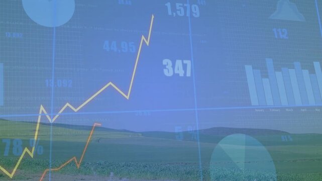 Finance data feed driving yellow line, bars animating over plain, showing rising, falling numbers
