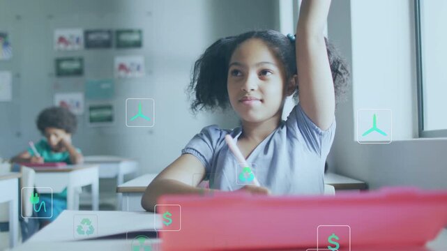 Female student writing, looking up and raising hand to answer with teal icons appearing around her
