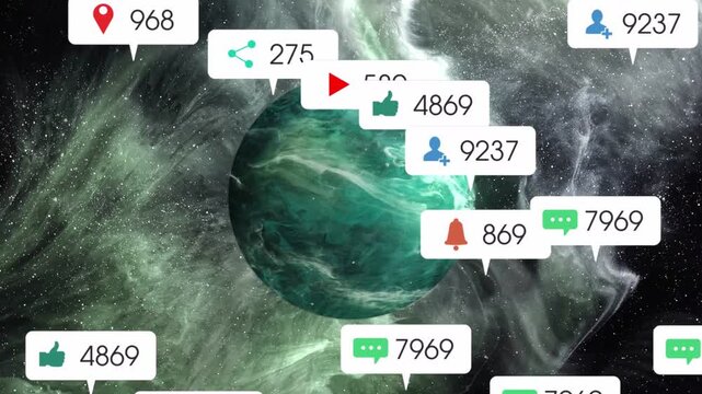 Teal-green planet getting engagement, tags popping, clustering then fading showing social likes