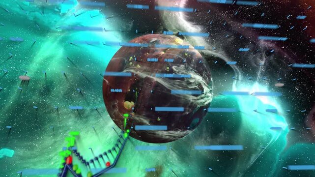 Central rocky planet orbiting nebula, camera push causing neon graphs rising forward, showing data
