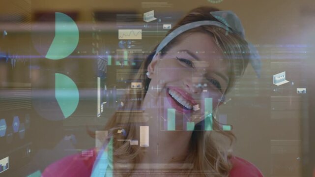 Vertical video: Woman posing in kitchen as overlays appearing over upper body showing recipe charts