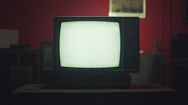 Vintage television set displaying static on a red wall, capturing a retro aesthetic in a nostalgic environment.