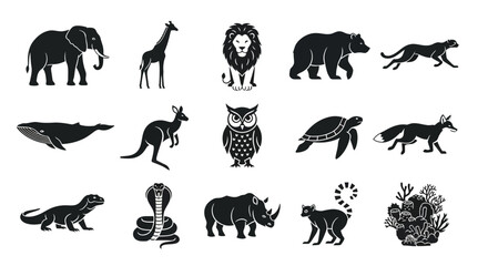 Obraz premium Collection of diverse animal silhouettes including mammals, reptiles, birds, and marine life for educational or design purposes