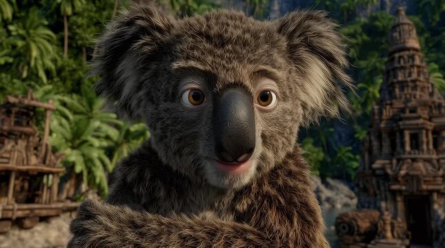 Charming anthropomorphic koala character portrait with a friendly expression set against a lush jungle backdrop and ancient temple ruins perfect for children s media