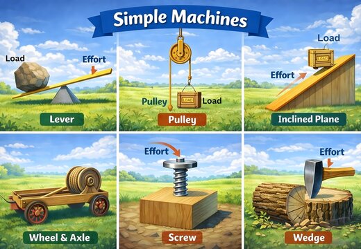 Types of Simple Machines Diagram with Lever Pulley Inclined Plane and More