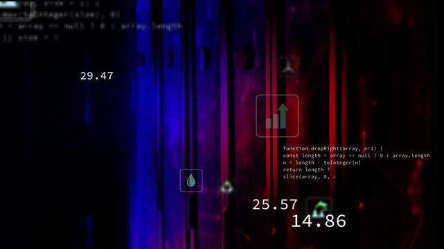 Floating data icons are shifting on dark UI with blue-red bands showing CO&sup2; droplet metrics+code