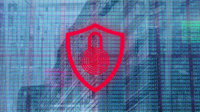 Vertical video: Shield emblem pulsing fingerprint over city while responding to traffic via code