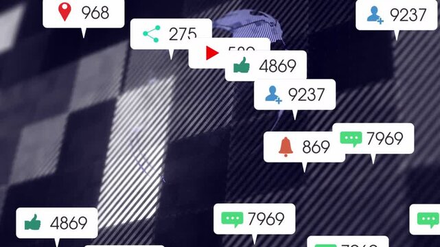 Badges spawning from edges, stacking around rotating globe, visualizing technology engagement