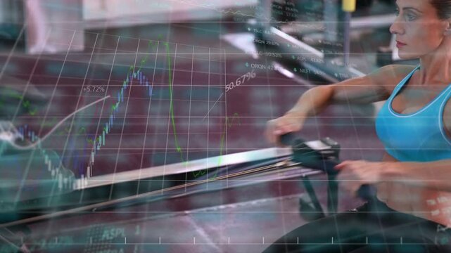 Vertical video: Camera pulling back showing woman rowing erg at gym, bra chart overlay for fitness
