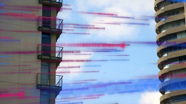 Magenta-blue smoke trails from right sweeping gap, veiling and obscuring balconies for marketing
