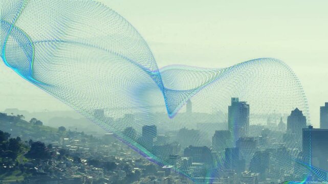 Clear mesh ribbon entering left, undulating over skyline, revealing blocks and mapping tech data