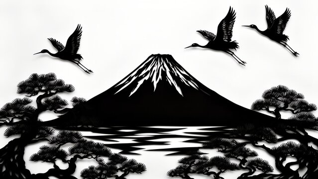 Japanese Kirie Paper Cut Silhouette of Mount Fuji with Pine Trees and Flying Cranes