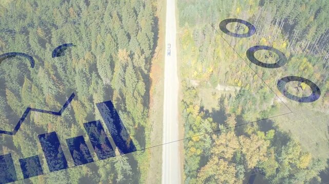 Vertical video: Van moving road, data graphics appearing from right, forming bars and sweeping over