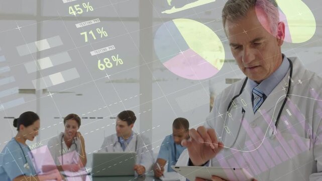 Vertical video: Senior doctor tapping tablet, shifting charts and guiding medical team decisions