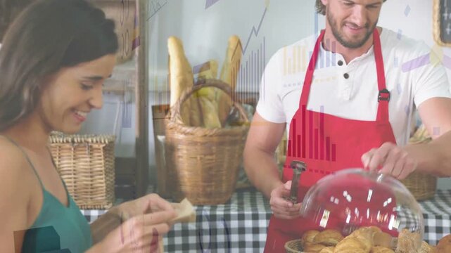 Woman coming to bakery holding paper bag, baker selecting treats with tongs from dome for buying