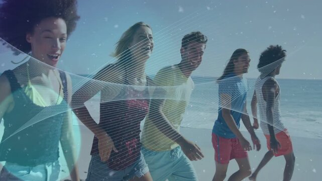 Group of friends walking shore, camera tracking them, creating animated waves for travel marketing