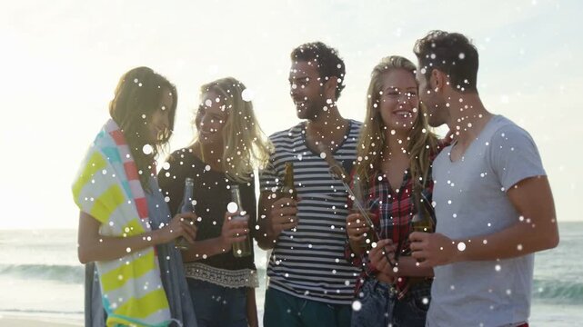 Vertical video: Five friends standing on beach holding bottles socializing as particles rising