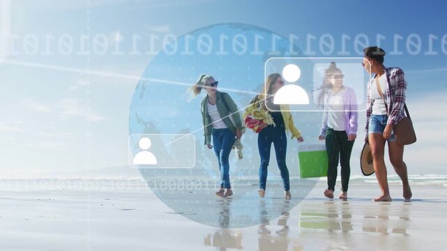 Four women walking wet sand, camera closing in, globe growing and linking user icons for marketing