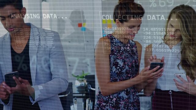 Women showing phone and sparking data overlays while men joining, comparing phones, analyzing data